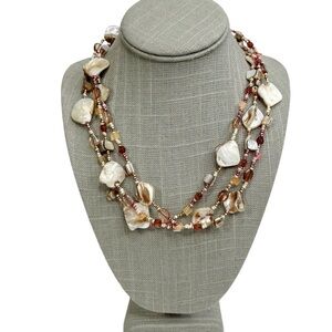 Natural Shell Chip, Sea Glass & Seed Beaded Triple Strand Necklace